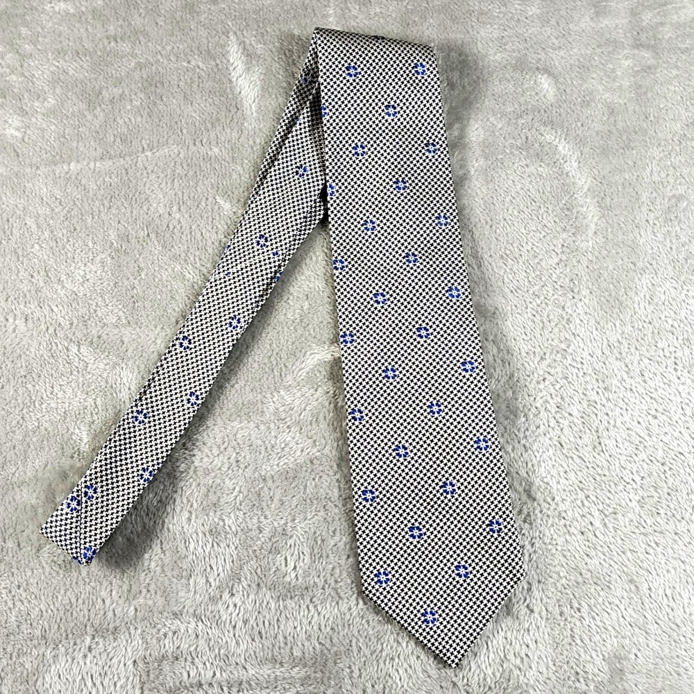 Ermenegildo Zegna Tie Mens Blue Silver Houndstooth Floral Silk Made In Italy